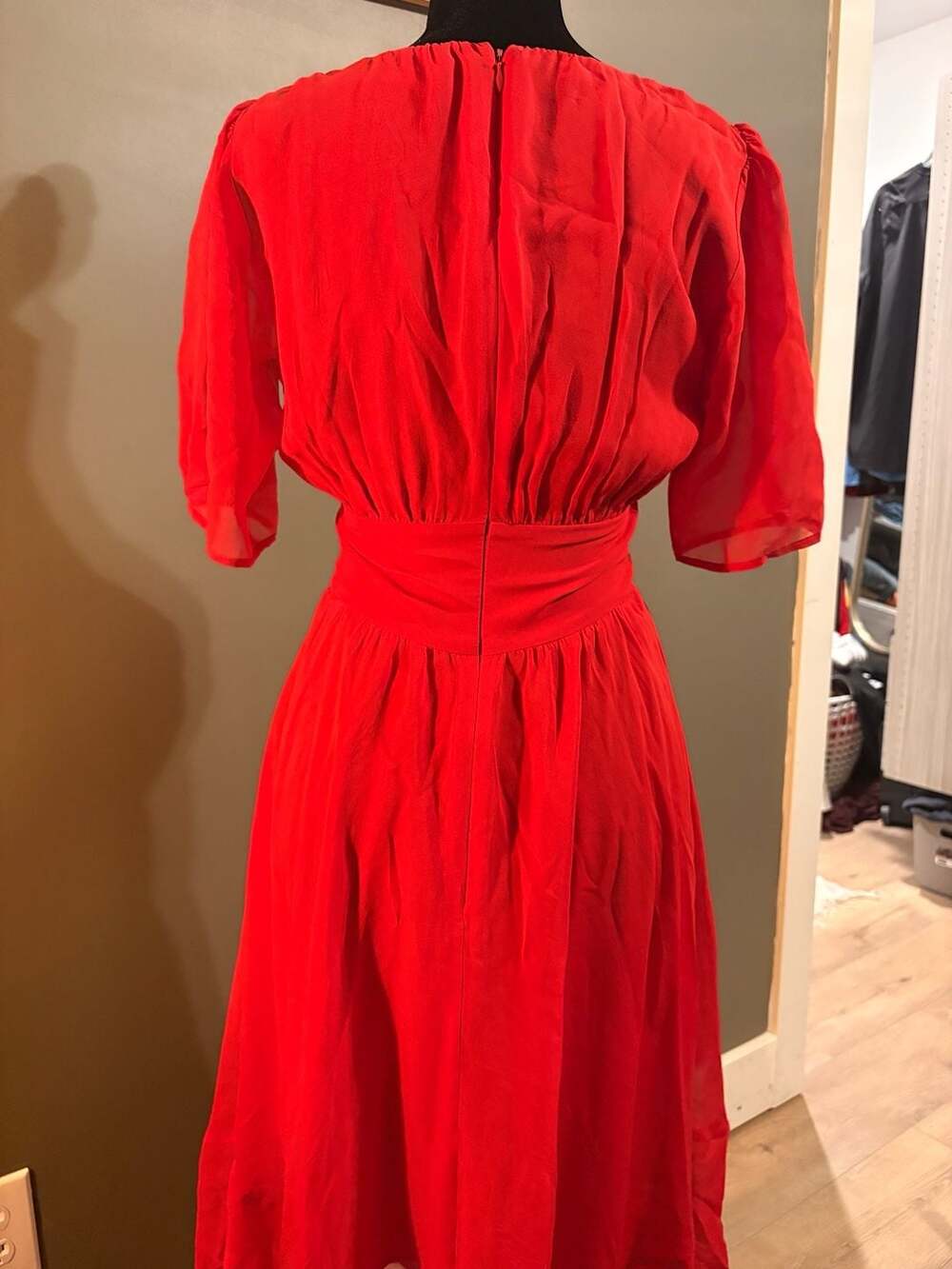The Kooples Red Silk Muslin Midi Dress with Button-Down Detail - Picture 4 of 6